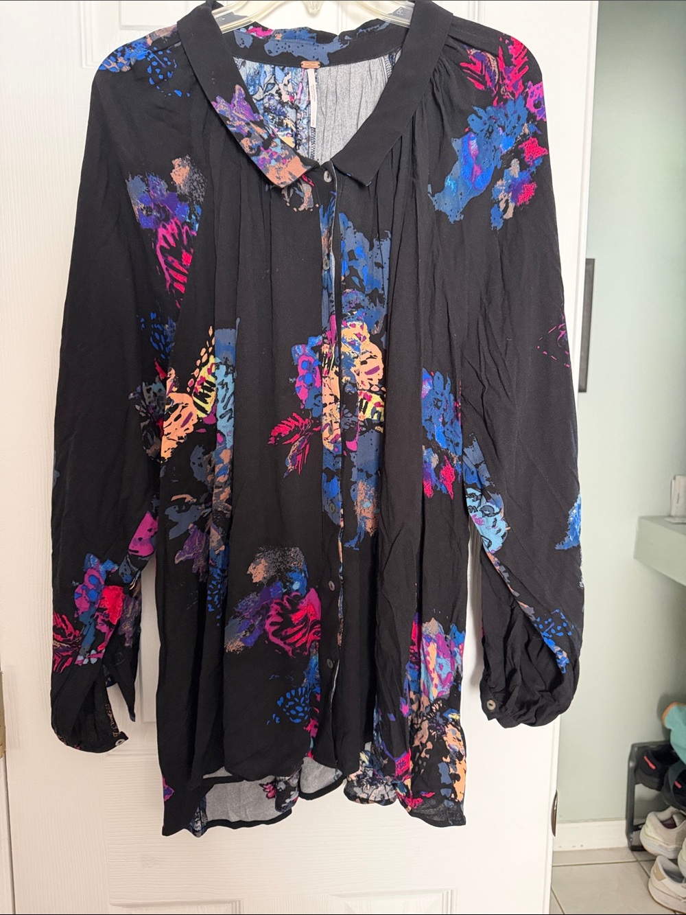 Free People Black Button-Down Shirt with Multicolor Floral Print